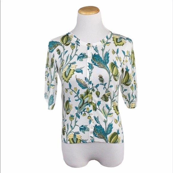 LOFT Sweaters - LOFT White Floral Print 3/4 Sleeve Knit Cardigan